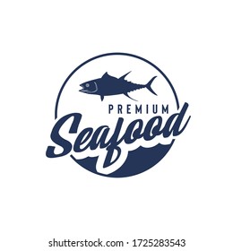 Vector logo illustration of fish silhouette and handwritten typography in circle frame isolated on white background suit for seafood restaurant logo