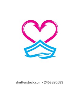 Vector logo illustration for fishing lovers, a combination of 2 hooks forming a heart image with boat elements