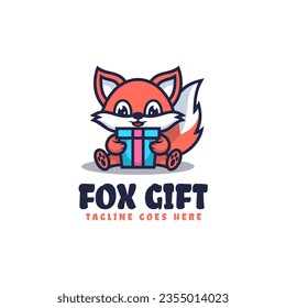 Vector Logo Illustration Fox Gift Mascot Cartoon Style.