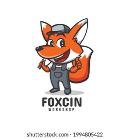 Vector Logo Illustration Fox Workshop Mascot Cartoon Style.