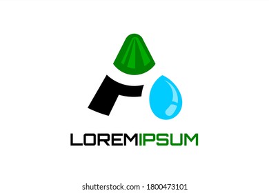 Vector logo with illustration of green mountain and water droplets forming initial "A".