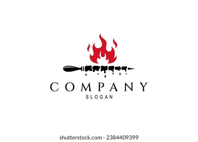 Vector logo illustration of grilled meat satay with blazing fire