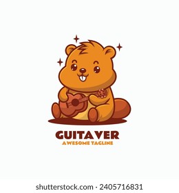 Vector Logo Illustration Guitar Beaver Mascot Cartoon Style