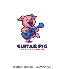 Logo Vector Ilustración Guitarra Estilo de caricatura de cerdo.