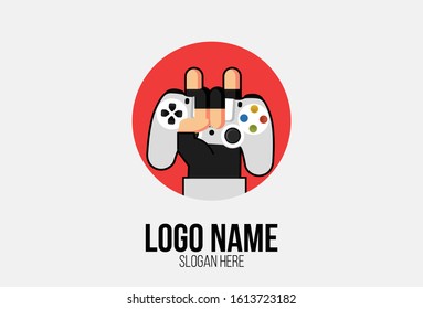  
vector logo illustration hand that is holding the game console with a red background flat cartoon style