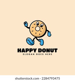 Vector Logo Illustration Happy Donuts Mascot Cartoon Style.