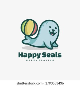Vector Logo Illustration Happy Seal Simple Mascot Style.