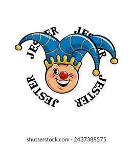 Vector logo illustration of a head funny Jester with jester text behind