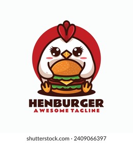 Vector Logo Illustration Hen Burger Mascot Cartoon Style.