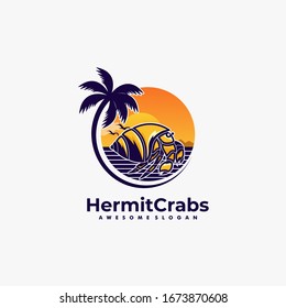 Vector Logo Illustration Hermit Crabs Land Scape Vintage Badge Style.
