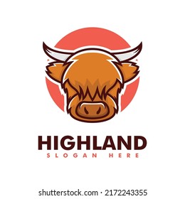 Vector Logo Illustration Highland Cow Simple Mascot Style.