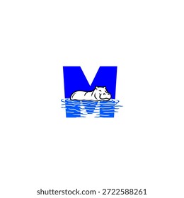 Ilustración del logotipo del Vector de un hipopótamo empapado en agua que forma la letra M del alfabeto. Perfecto para la marca de los niños, logotipos de animales, educación, diseño de mascotas, tipografía lúdica, identidad creativa y proyectos visuales divertidos
