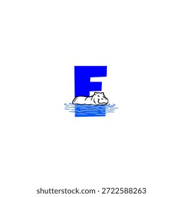 Ilustración del logotipo del Vector de un hipopótamo empapado en agua que forma la letra del alfabeto E. Perfecto para la marca de los niños, logotipos de animales, educación, diseño de mascotas, tipografía lúdica, identidad creativa y proyectos visuales divertidos