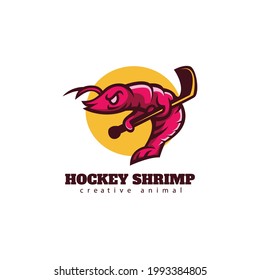 Vector Logo Illustration Hockey Shrimp Simple Mascot Style.