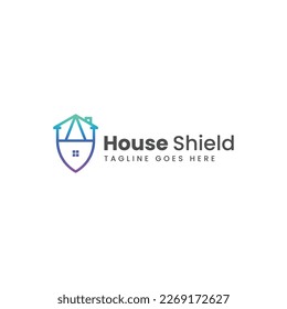 Vector Logo Illustration House Shield Line Art Gradient Style.