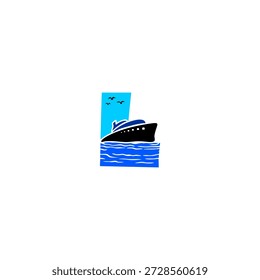 Ilustração do logotipo vetorial do navio de cruzeiro da letra L navegando no oceano com pássaros em um céu azul. Perfeito para agências de viagens, marca de cruzeiro, logotipos de turismo, identidade marítima e tipografia moderna.