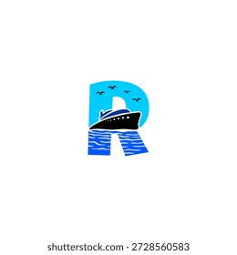 Vektorlogo Illustration des Buchstaben R Kreuzfahrtschiff Segeln auf dem Ozean mit Vögeln in einem blauen Himmel. Perfekt für Reisebüros, Kreuzfahrtmarken, Tourismus-Logos, maritime Identität und moderne Typografie.