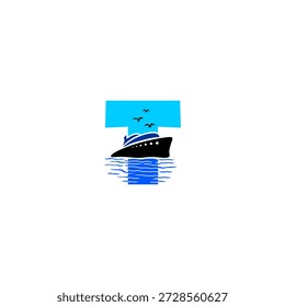 Ilustración del logotipo del Vector del crucero de la letra T que navega en el océano con los pájaros en un cielo azul. Perfecto para agencias de viajes, marcas de cruceros, logotipos de turismo, identidad marítima y tipografía moderna.
