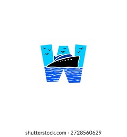 Ilustración del logotipo del Vector de la letra W del crucero que navega en el océano con los pájaros en un cielo azul. Perfecto para agencias de viajes, marcas de cruceros, logotipos de turismo, identidad marítima y tipografía moderna.