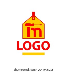 Ilustración del logotipo del vector: las letras "tm" con la imagen de un destornillador y una bolsa para herramientas de construcción. Se puede usar como signo, símbolo para empresas de construcción, materiales de construcción.