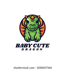 Vector Logo Illustration Little Dragon Mascot Cartoon Style.