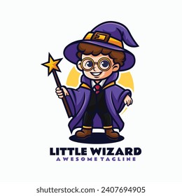 Vector Logo Illustration Little Wizard Mascot Cartoon Style.