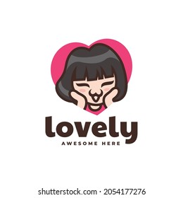 Vector Logo Illustration Lovely Girl Mascot Cartoon Style.