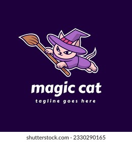 Vector Logo Illustration Magic Cat Mascot Cartoon Style.