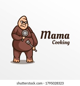 Vector Logo Illustration Mama Cooking Simple Mascot Style.