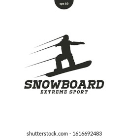 Vector logo illustration. man jumps with snowboard. Flat silhoutte style. eps10