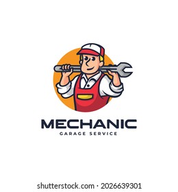 Vector Logo Illustration Mechanic Mascot Cartoon Style.