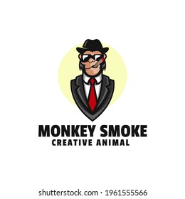 Vector Logo Illustration Monkey Smoke Mascot Cartoon Style.