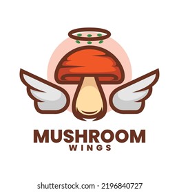 Vector Logo Illustration Mushroom Wings Simple Mascot Style.