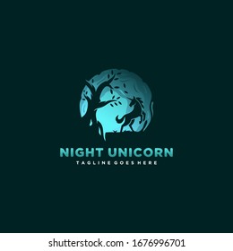 Vector Logo Illustration Night Unicorn Silhouette Style.