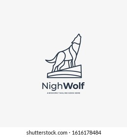 Vector Logo Illustration Night Wolf Line Art Style