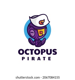 Vector Logo Illustration Octopus Pirate Mascot Cartoon Style.