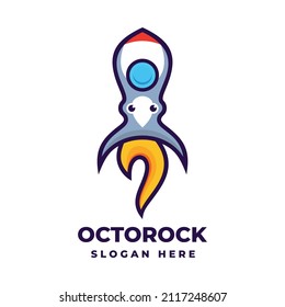 Vector Logo Illustration Octopus Rocket Simple Mascot Style.