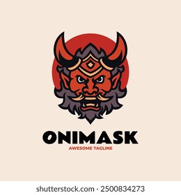 Vector Logo Illustration Oni Mask Mascot Cartoon Style.