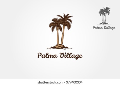 Vector logo illustration of palm tree in village, it's good for tropical resort, vacancy, travel, or other tropical activity.