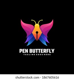 Vector Logo Illustration Pen Butterfly Gradient Colorful Style.
