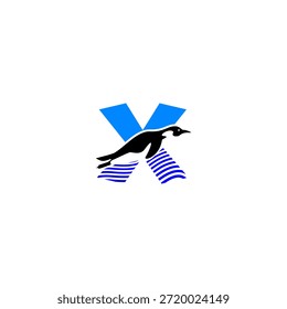 Ilustración del logotipo de Vector de una letra X del alfabeto del pingüino. Ideal para la marca de niños, logotipos de vida silvestre, educación, temas de acuarios, tipografía lúdica, diseño de mascotas y proyectos de identidad visual creativa