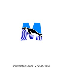 Ilustração do logotipo vetorial de uma letra M do alfabeto de pinguim. Ideal para crianças com marca, logotipos de vida selvagem, educação, temas de aquário, tipografia lúdica, design de mascote e projetos de identidade visual criativa