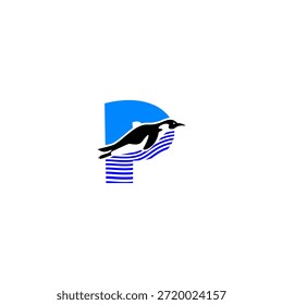 Ilustración del logotipo del Vector de una letra P del alfabeto del pingüino. Ideal para la marca de niños, logotipos de vida silvestre, educación, temas de acuarios, tipografía lúdica, diseño de mascotas y proyectos de identidad visual creativa