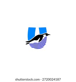 Ilustração do logotipo vetorial de uma letra U do alfabeto de pinguim. Ideal para crianças com marca, logotipos de vida selvagem, educação, temas de aquário, tipografia lúdica, design de mascote e projetos de identidade visual criativa