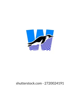Vector logo illustration of a penguin alphabet W letter. Ideal for kids branding, wildlife logos, education, aquarium themes, playful typography, mascot design, and creative visual identity projects