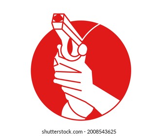 
Ilustración del logo vectorial de la mano de una persona sosteniendo una pistola, con el rojo cubriendo la cara y el fondo blanco

