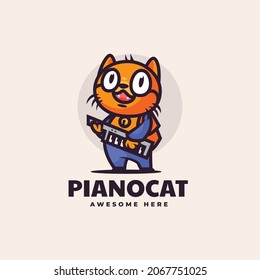 Vector Logo Illustration Piano Cat Mascot Cartoon Style.