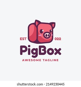 Vector Logo Illustration Pig Box Simple Mascot Style.