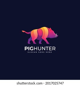 Vector Logo Illustration Pig Hunter Gradient Colorful Style.