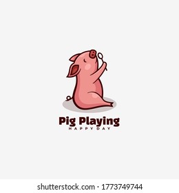 Vector Logo Illustration Pig Playing Simple Mascot Style.